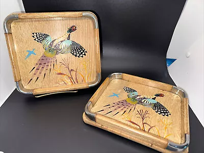 Pair Of Vintage Small Bamboo Trays Handpainted With Quail Bird - Very Mcm Japan • $45.99