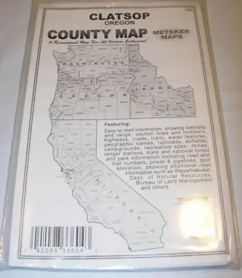 1993 Metsker Map Of CLATSOP OREGON OR ROADS ELEVATION TRAILS CAMPGROUNDS MINES • $7.99