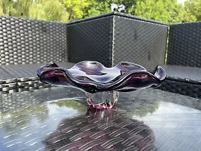 Vintage Egermann Art Glass Bowl PURPLE W Clear Twist Pedestal Base Murano Style • $55