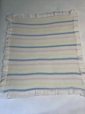 VTG Stripe Waffle Thermal Baby Crib Blanket Nylon Trim Yellow Pink Blue 36”x41” • $30