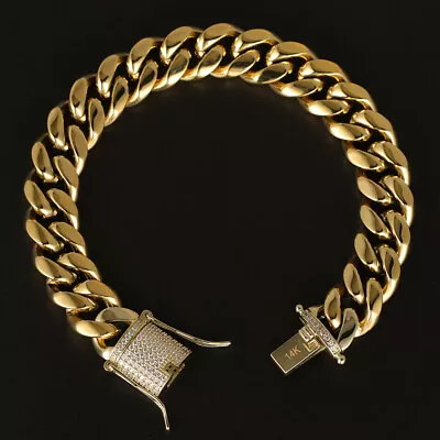 14k Gold Plated CZ Clasp Stainless Steel Miami Cuban Link Bracelet Chain 6-14MM • $18.79