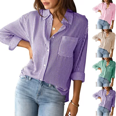 UK Womens Long Sleeve Button T-shirt Holiday Casual Work Tops Striped Blouse Tee • £12.99