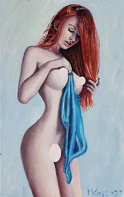 Oil Painting Erotic Girl Signed MKol 24x15cm 94x59 In • £30.45