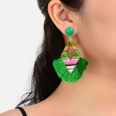 $1.99 • Buy Bohemian Geometric Green Tassel Fringe Dangle Earrings Handmade Ethnic Jewellery