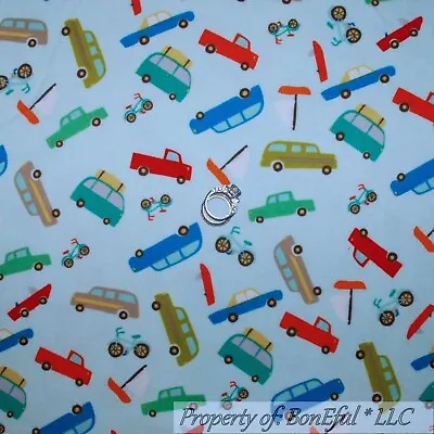 BonEful FABRIC FQ Cotton Flannel Quilt Blue Red Boy Truck Race Car Camp Boat Dot • £3.79