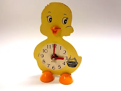 Vintage Anthropomorphic CHICK CLOCK Wooden 6  Yellow Chicken Peep W/Egg Basket • $9.99