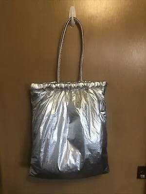 Zara Silver Metallic Windbreaker Fabric Shopper Tote • $15