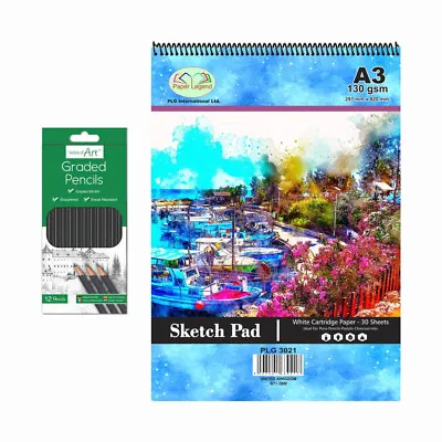 A3 Sketch Pad 30 Sheets 130gsm Spiral Cartridge Paper And 12 Graded Pencils • £8.89