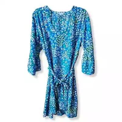 Escapada Tunic Top Mini Dress Sz XL Cover Up Blue White Belted Tropical Resort • $49