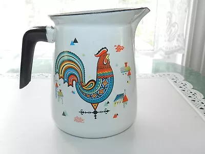 Vintage Retro Kitchen Enamel Ware Rooster Pitcher Turquoise 6 1/4  Tall • $28