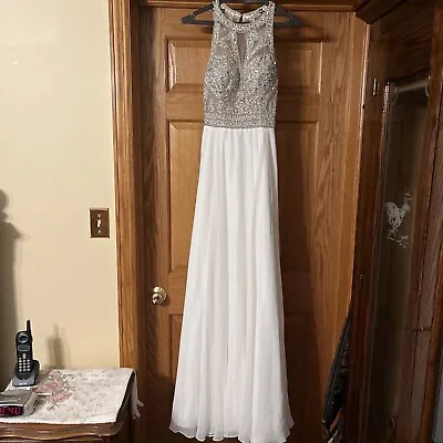 White And Silver Sequins Beaded Prom Pageant Dress Evening Gown Size S Juliet • $199.99