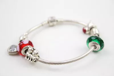 Sterling Silver Pandora Bracelet Charms Heart Mum Cat Glass Festive (36g) • £30.09