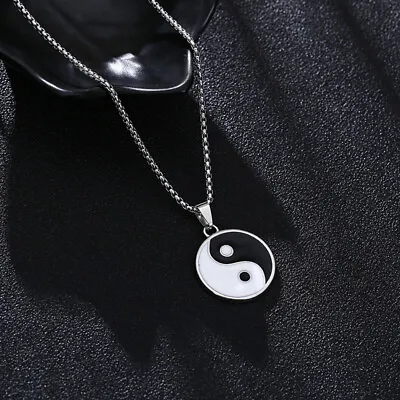 Silver Stainless Steel Black White Yin Yang Pendant Mens Women Chain Necklace UK • £3.99