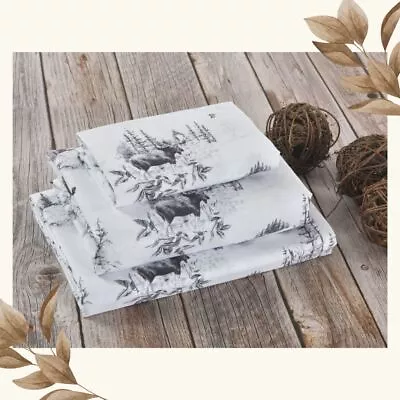 Rustic Bed Sheet Set With Pillowcase In Moose Forest Sketch Print Design • $36.99