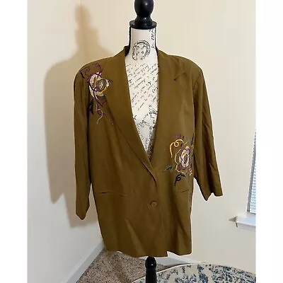 Vintage Brown Embroidered Floral Silk Blazer Jacket Pockets 90s Oversized 8 NWT • $32