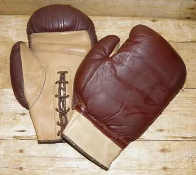 Vintage 1950s 8OZ English Made Two-Tone Leather Lace Up Boxing Gloves By Mitre • $368.83