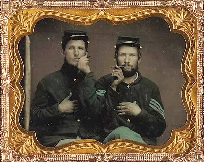 CIVIL WAR PHOTOGRAPH Two Unidentified Soldiers In Union Uniforms Holding Cigars • $9.99