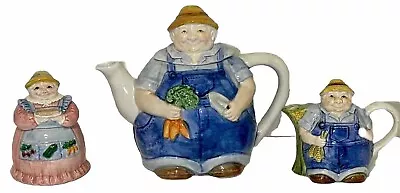 Otagiri Mary Ann Baker Hand-painted Farmers Teapot Creamer & Sugar Bowl Set (G) • $34.99