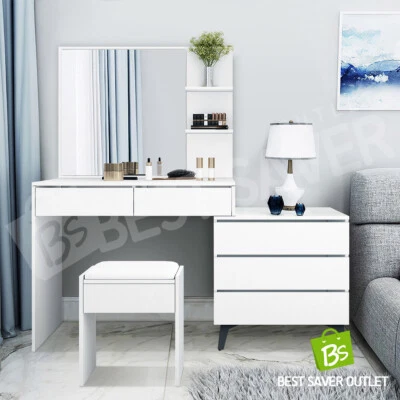 $269.75 • Buy Dressing Table Stool Set Mirror Vanity Makeup Jewellery Cabinet 5 Drawers White
