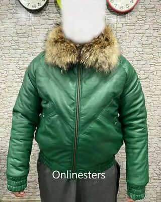 Mens Bubble V Bomber Sheepskin Jacket In Green With Real Fox Fur Collar • $159