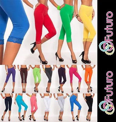 Womens Capri Leggings Cropped 3/4 Lenght Cotton With Lace Colour Mix Sizes 8-20 • £8.99