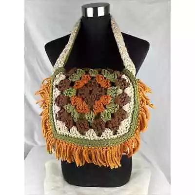 Vintage Handmade Crochet Granny Square Fold Over Shoulder Bag Purse Lined Fringe • $27