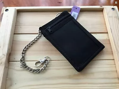 NEW Men.Boy.PLAIN BLK.Tri-fold Wallet.Security Chain.School.Concerts.HOLS.Travel • £5.99