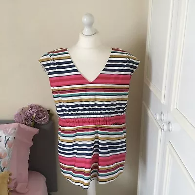 Women’s Joules Tom Joule UK 18 Top Multi Coloured Striped Short Sleeves V Neck • $32.37