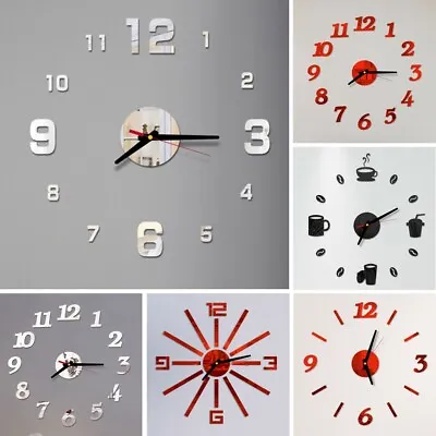 Modern Large Wall Clock 3D Mirror Sticker Unique Number Watch DIY Decor • £6.62