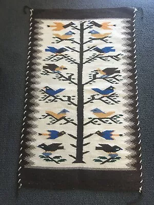 Beautiful Vintage Hand Woven Wool Navajo Rug Tree Of Life W/ Birds Vivid Colors • $99