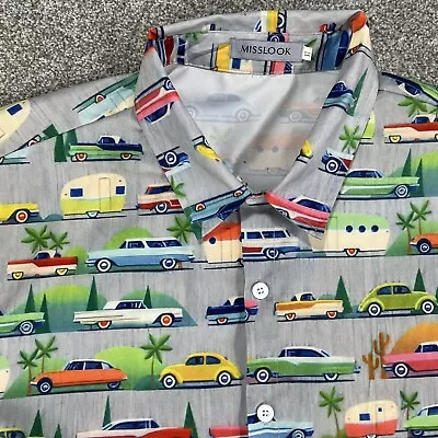 MISSLOOK Mens Button Up Shirt Vtg VW Bug Cars & Travel Trailers Size XL • $13.99