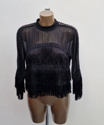 £12.99 • Buy Love & Other Thing Evenings Black Mesh Sheer Crochet Top Fringe Blouse L UK 12
