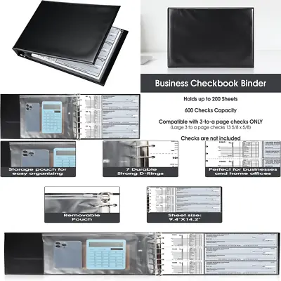 7 Ring Business Check Book Binder 600 Checks Capacity For 9  X 13  Sheets PU • $20.04