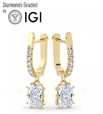 IGI2.00 CT  Solitaire Lab-Grown Radiant Diamond Hoops Earring 18K Yellow Gold • £1342