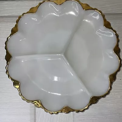 White Milk Glass Divided Dish Serving Platter Gold Scalloped Rim MCM Vintage • $10