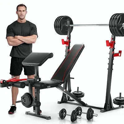 Adjustable 900LBS Olympic Weight Bench Set W/ Squat Rack Preacher Curl Home/Gym • $209