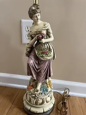 Continental Art Co. Chalkware Figural Lamp Woman W Flowers Ornate Working 1950s • $159