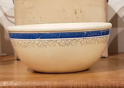 Vintage Homer Laughlin Ironstone Mixing Bowl Blue Stripe Gold Silver Ivy & Trim • $24.99