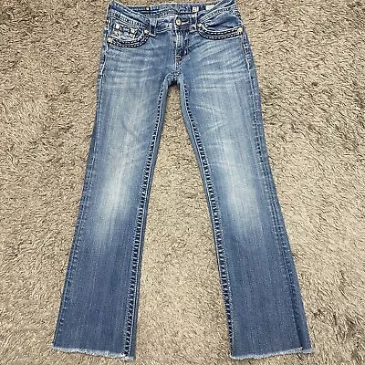 Miss Me Buckle Jeans Womens 27x29 Blue Denim Distressed Raw Hem Bootcut Pants • $20.85