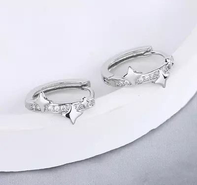 925 Sterling Silver Women Men Star CZ Huggie Hoop Earrings 15mm Gift Box K59 • $12.95