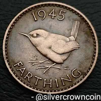 UK Great Britain Farthing 1945. KM#843. 1/4 Quarter Penny Coin. Wren. Bird. WWII • $4.39