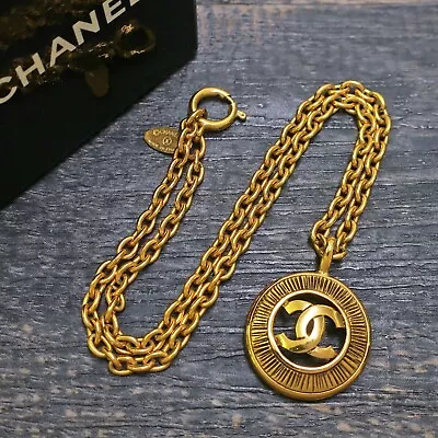 CHANEL Gold Plated CC Logos Round Charm Vintage Necklace Pendant #281c Rise-on • £441.50