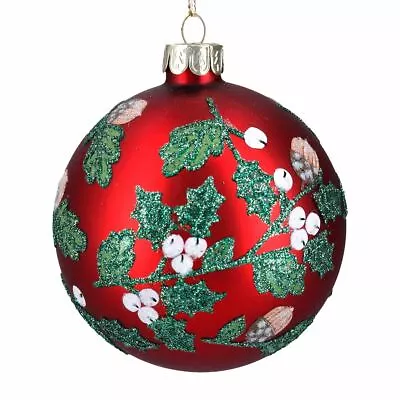 £6.99 • Buy Gisela Graham Christmas - Glass Bauble 8cm - Matt Red/Green Leaves