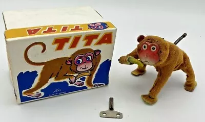 Vintage Alps Japan Tin Key Wind Toy Gorilla Eating A Banana In Original Box • $10