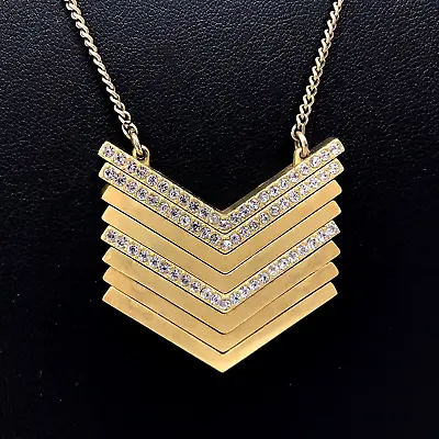 J CREW Chevron Pendant Necklace Matte Gold Tone Crystal Rhinestone Pave 30 -33  • $8.88