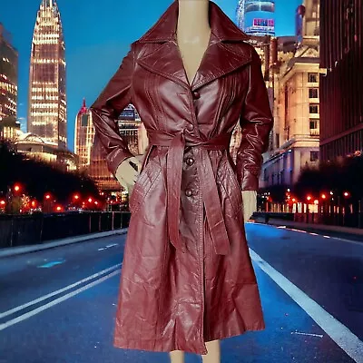 Vintage Genuine Leather Belted Trench Spy Gangster Long Coat M Cherry Red-Maroon • $99.99