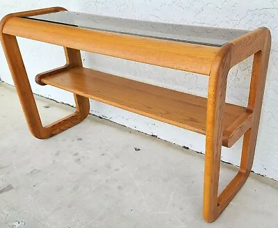 1970's Mid Century Modern Hodges Mersman Oak Smoked Glass Console Sofa Table • $1295