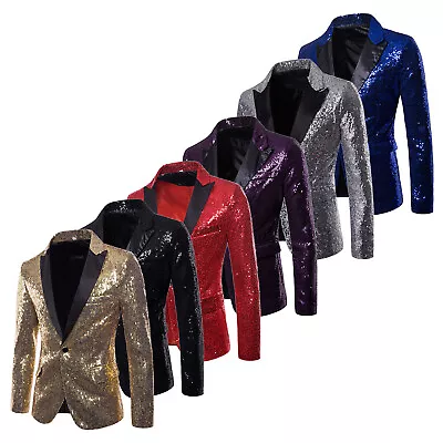 Mens Slim Fit Shiny Suits Sequins Party Wedding Gentleman Blazer Formal Jacket • $38.86