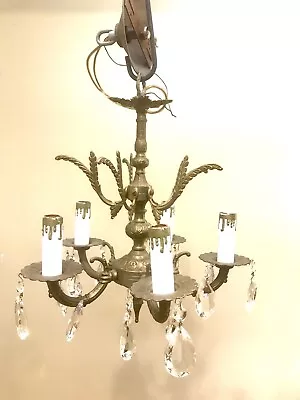 Petite Vintage Spanish Brass & Crystal 5 Light Chandelier 13” H 11.5” W • $199.99