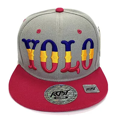 $12.98 • Buy “Yolo” Flat Bill Snap Back Ball Cap Gray & Red Hat Embroidered Adjustable